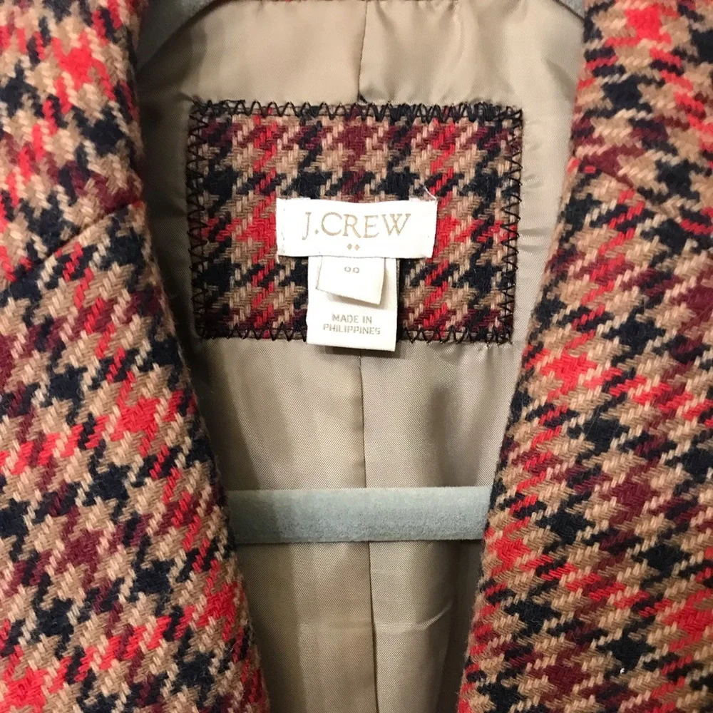 J. Crew Red Black Tan Houndstooth Wool Blazer